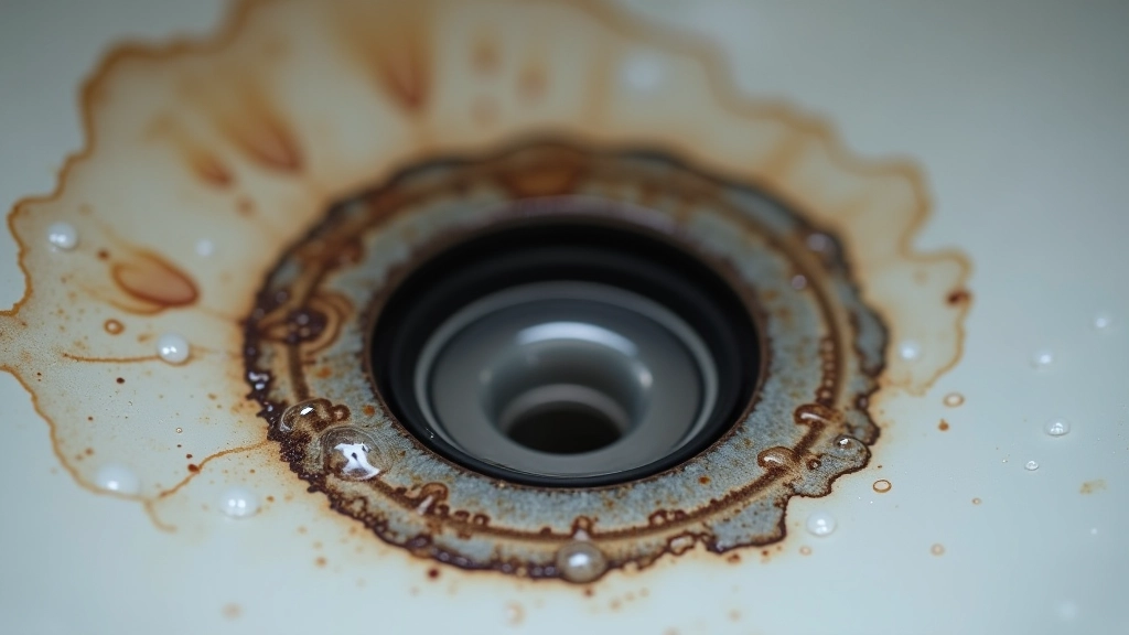 Primo piano di una guarnizione logora sotto un lavandino con segni visibili di usura e minerali accumulati