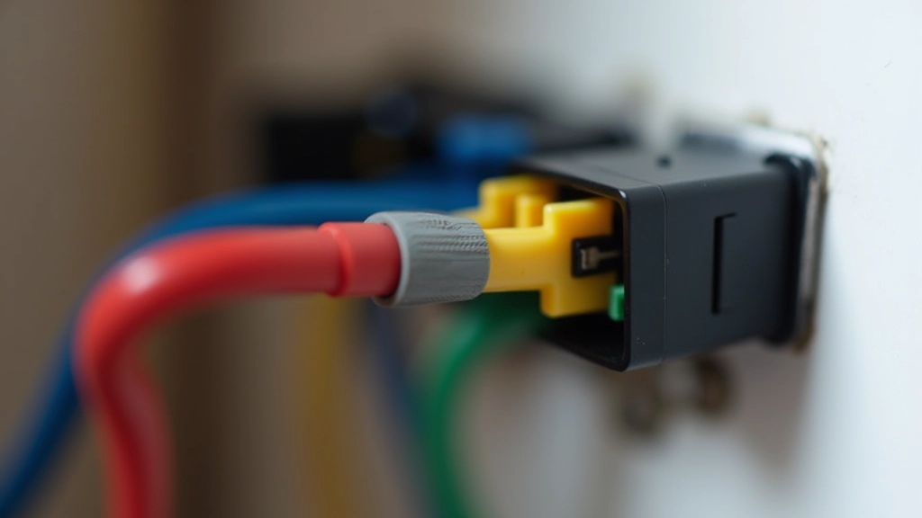 Primo piano di cavi elettrici colorati collegati a un morsetto di sicurezza in plastica nera