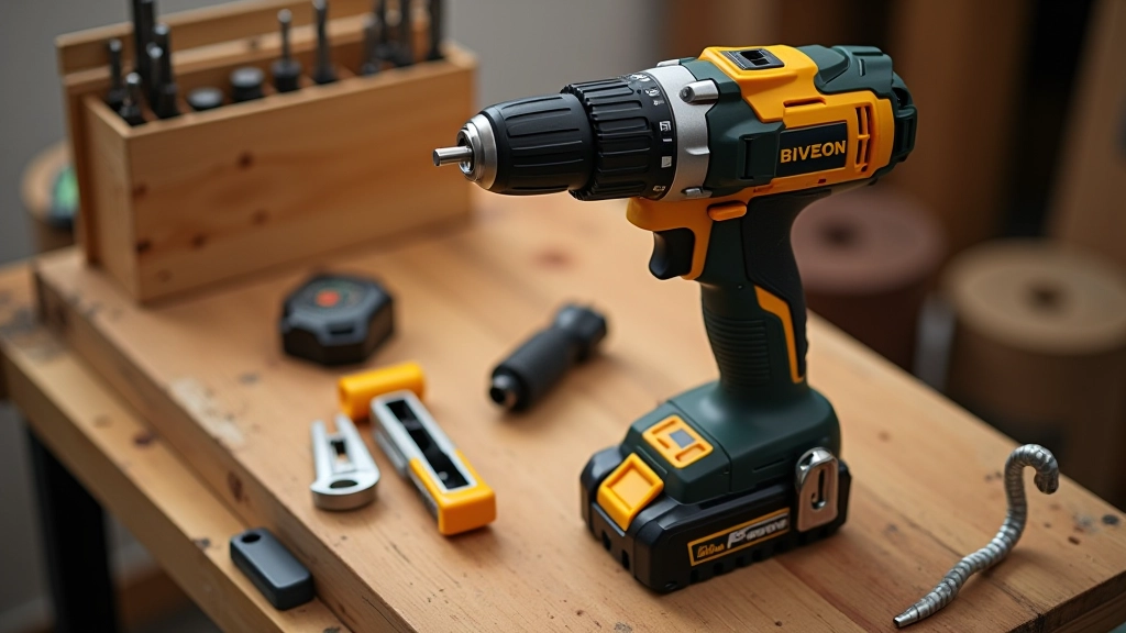 Trapano a batteria professionale su tavolo con varie punte e accessori disposti intorno