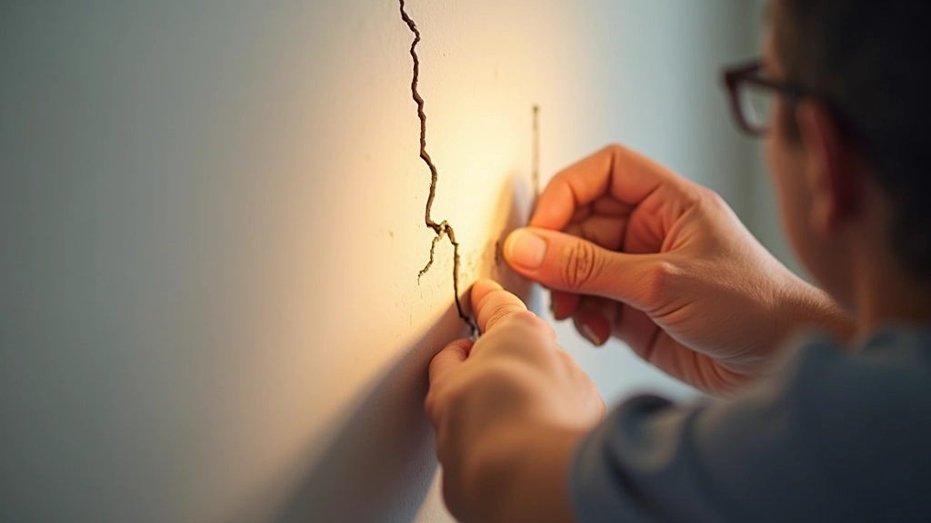 Primo piano della mano che tocca una crepa nel muro, lampada che illumina la superficie della parete per controllare i danni