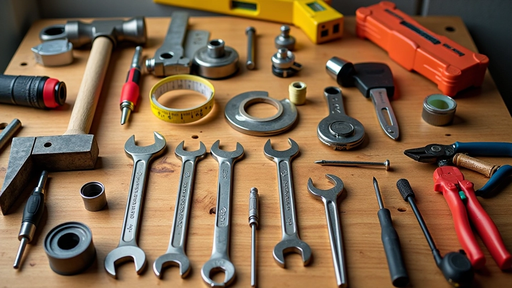 Kit attrezzi domestici su tavolo in legno: martello, chiavi, cacciaviti, livella, metro, pinze, nastro isolante