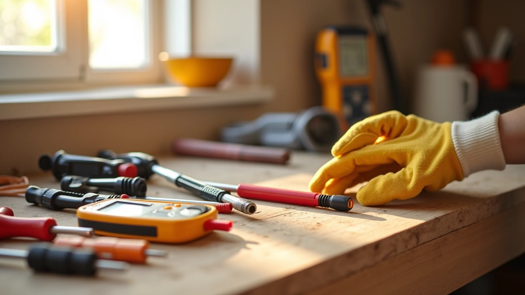 Tavolo da lavoro con attrezzi elettrici organizzati: tester di corrente, cacciaviti, guanti isolanti, morsetti di sicurezza