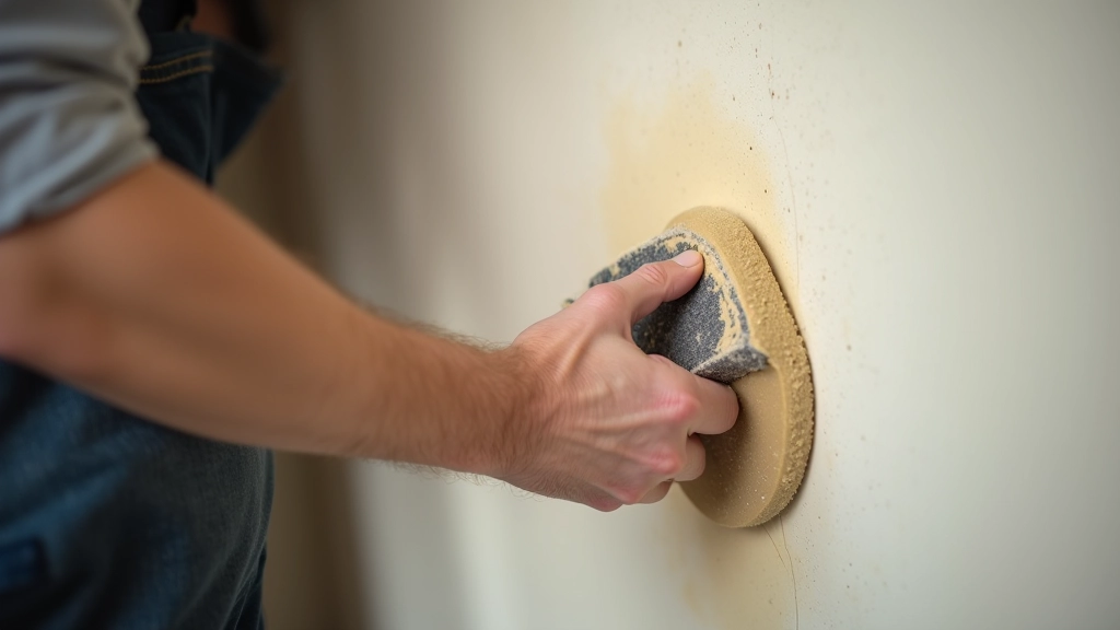 Carteggiatura di una parete con carta vetrata, movimento circolare, polvere fine visibile