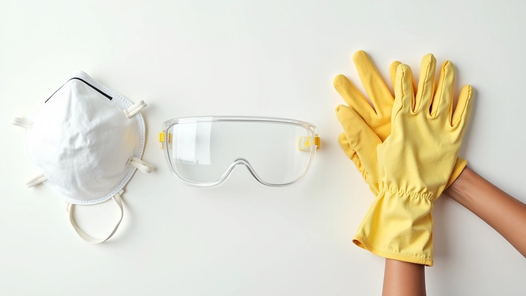 Dispositivi di protezione personale disposti: guanti in cotone, occhiali di sicurezza trasparenti, maschera antipolvere leggera, torcia LED