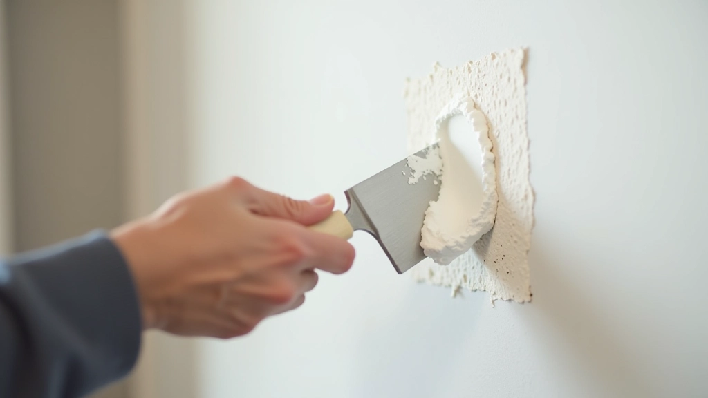 Spatola che applica stucco bianco su un buco nel muro, tecnica di applicazione corretta, attrezzi di lavoro visibili