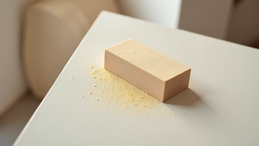 Blocco di carteggiatura con carta vetrata su una parete grigia, vista angolata della superficie